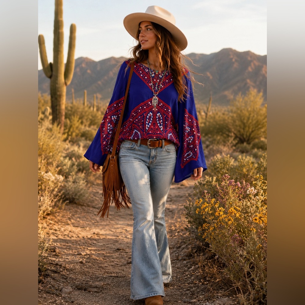 Ella Moss Fez Kaleidoscope Top Small Royal Blue Red Paisley Bell Sleeve Boho Y2K - Picture 7 of 7